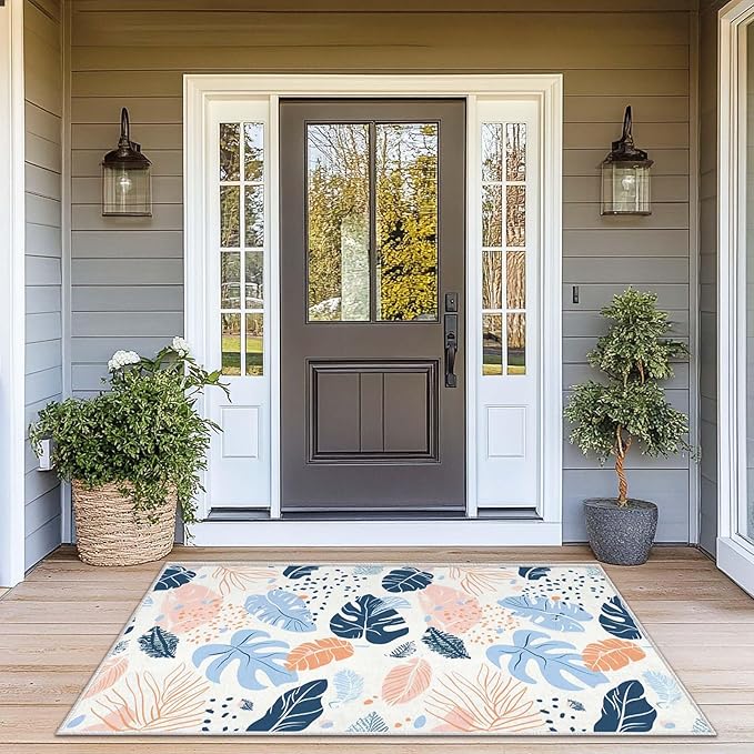 3x5 Entryway Rug Boho Botanical Tropical Leaf White Area Rug Bedroom Bedside Ultra-Thin Soft Small Carpet Bathroom Non Slip Indoor Entrance Low Pile Door Mat Kitchen Stain Resistant Washable Machine