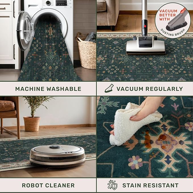 Vintage Dark Green 6x9 Dining Room Rugs for Under Kitchen Table - Washable Livinig Room Rug - Unique Floral Pastel Low Pile Non-Slip Large Area Rugs for Bedroom