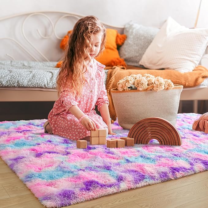 Tepook Soft Rainbow Rug for Girls Room 6x9 Feet, Cute Fluffy Girls Bedroom Area Rug, Shaggy Princess Rug Colorful Carpet for Kids Teens Toddler Playroom Nursery Reading Nook, Hot Pink