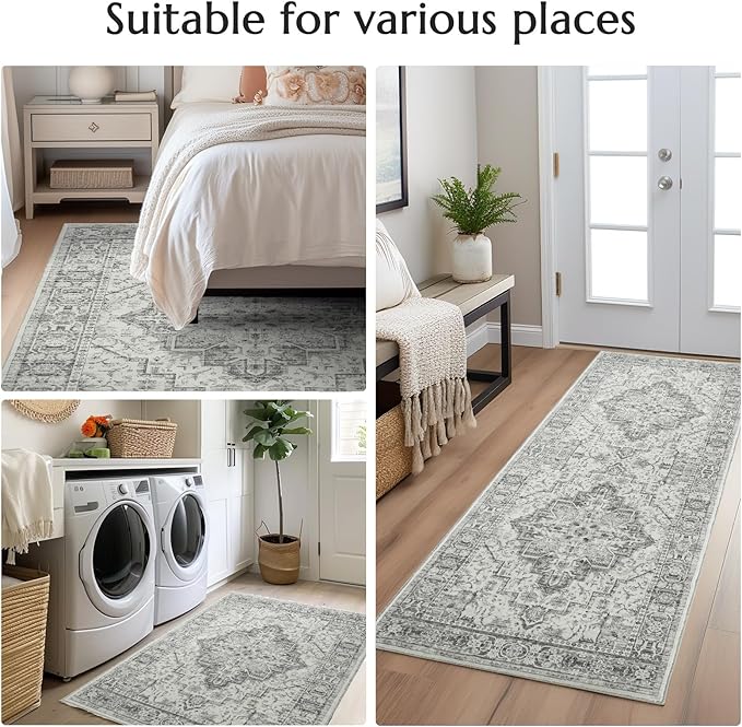 jinchan Runner Rug 2x5 Vintage Hallway Boho Washable Floral Kitchen Runner Rug Retro Accent Non Slip Tribal Distressed Soft Carpet for Bedroom Bathroom Laundry Room Doorway Grey
