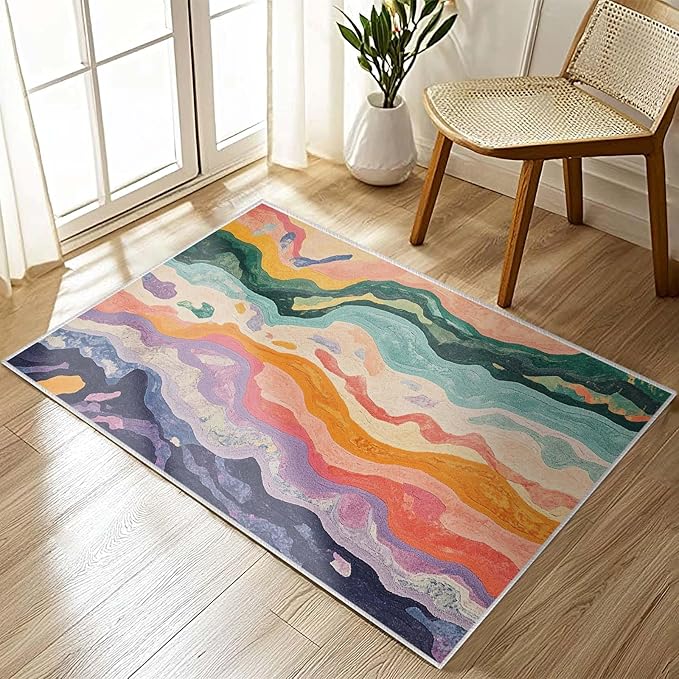 2x3 Entryway Rugs Machine Washable Area Rug Purple Yellow Pink Green Modern Abstract Colorful Rug Non-Slip Low Pile Door Mat Entrance Small Carpet for Home Kitchen Bathroom Bedroom