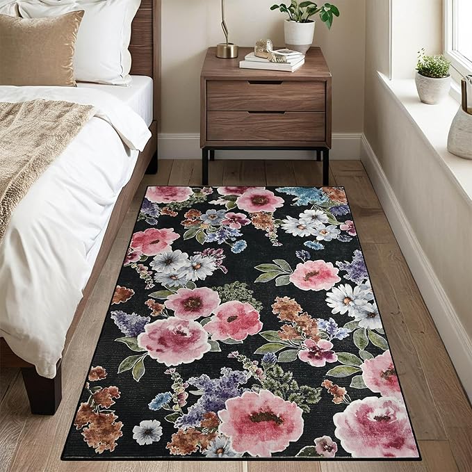 Bedroom Rug 3x5 Washable Rug Non-Slip Boho Floral Area Rug Low Pile Small Carpet for Bedroom Bedside, Entryway, Kitchen, Home Office, College Dorm Girls Room (Black)
