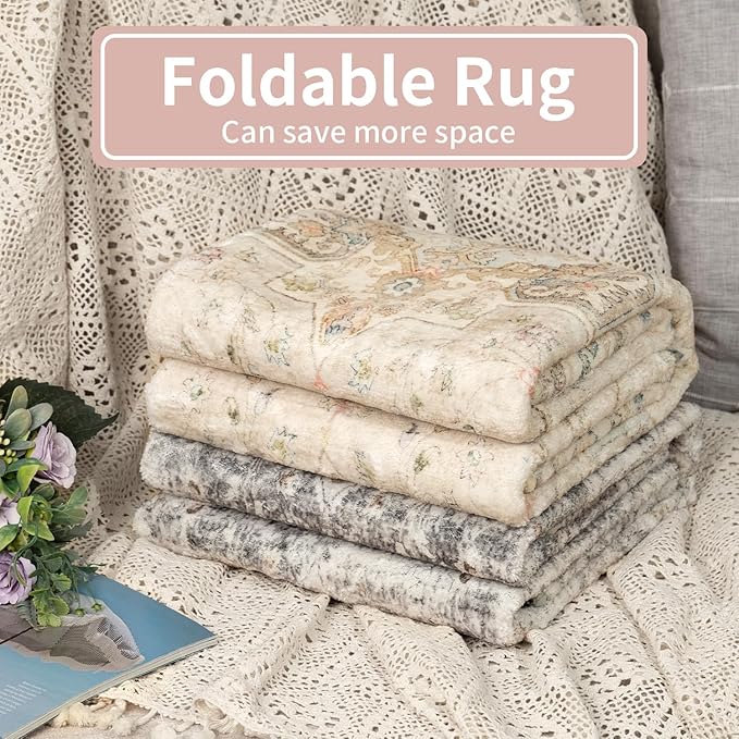 2x3 Small Rugs Beige Boho Rug for Entryway Bathroom Bedroom Kitchen Vintage Soft Throw Rug Low Pile Non Slip Washable Floor Carpet