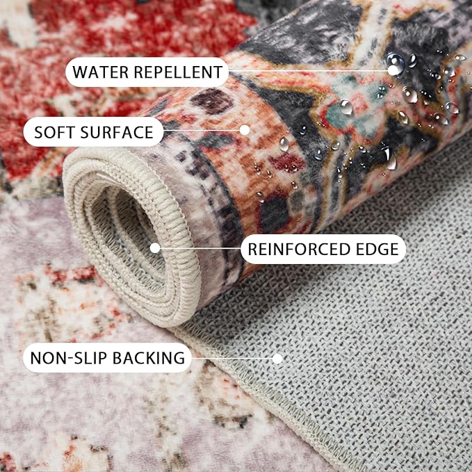 Washable 9x12 Area Rugs, Rugs for Living Room, Low-Pile Water&Stain Resistant Carpet Vintage Distressed Printed Non-Slip Carpet for Bedroom Bathroom Kitchen-Dark Red