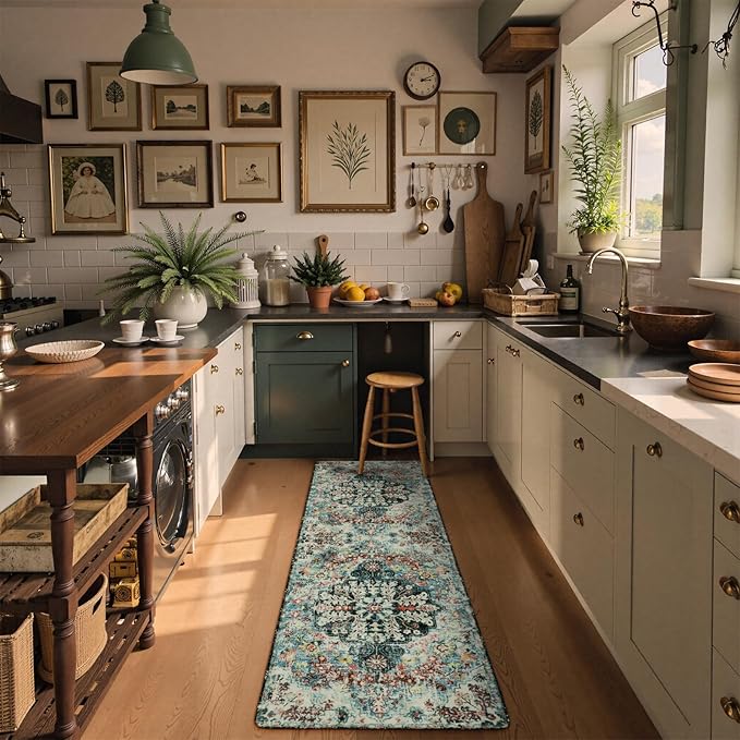 Lahome Bohemian Floral Medallion Runner Rug - 2'8" x 8' Washable Hallway Rug Runner Non Slip Kitchen Carpet Runner, Turkish Soft Pet Friendly Stair Mat for Bathroom Laundry Room Sunroom, Teal