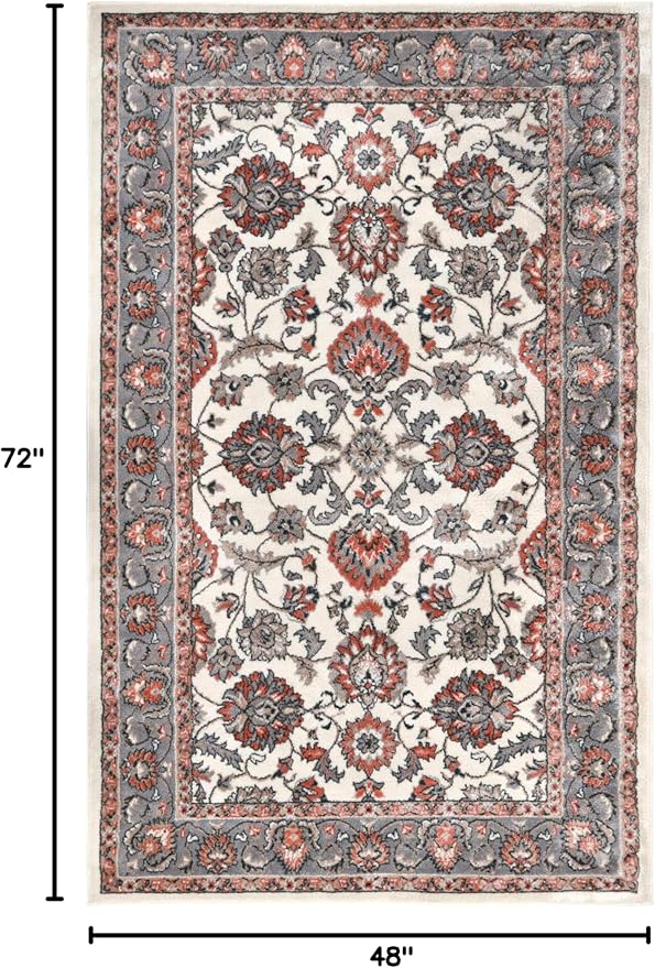Superior Indoor Area Rug, with Jute Backing, Chic Bordered Floor Decor for Living Room, Bedroom, Office, Entryway, Kitchen, Dining, Floral Design, Lille Collection, 4' x 6', Brown-Salmon