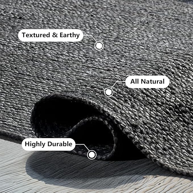GRUHUM Black Jute Area Rug 9x12 Feet Rectangle Natural Fiber Boho Braided Handwoven Farmhouse Rustic Vintage EcoFriendly Large Carpet Home Décor Rugs - Living Room Hallways Bedroom Enterwayss 9x12'ft