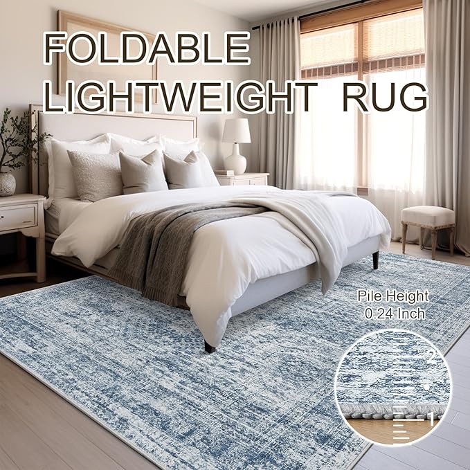 Washable Area Rug 8x10, Large Soft Rugs for Living Room Vintage Blue Rug 8x10 Area Rugs for Bedroom Dining Room Non-Slip Stain Resistant Under Table Rug