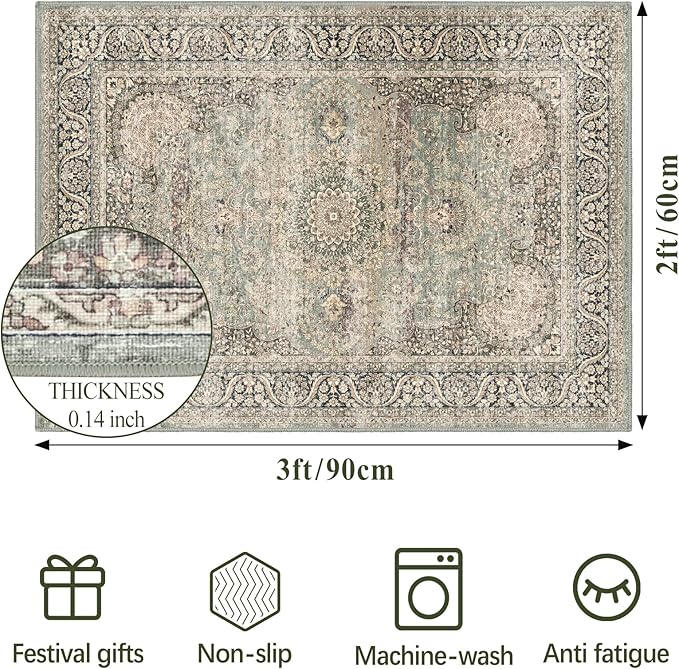 2x3 Washable Area Rug Indoor Entryway Vintage Rug Print Rug Low-Pile Floor Carpet for Indoor Front Entrance Kitchen Bathroom, Olive Charcoal