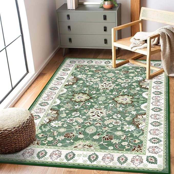 Washable Area Rugs 5'x7' Living Room, Non Slip Floral Vintage Low Pile Large Rugs for Living Room Stain Resistant for TribalBedroom, Farmhouse, Dining Room, Kids Playroom