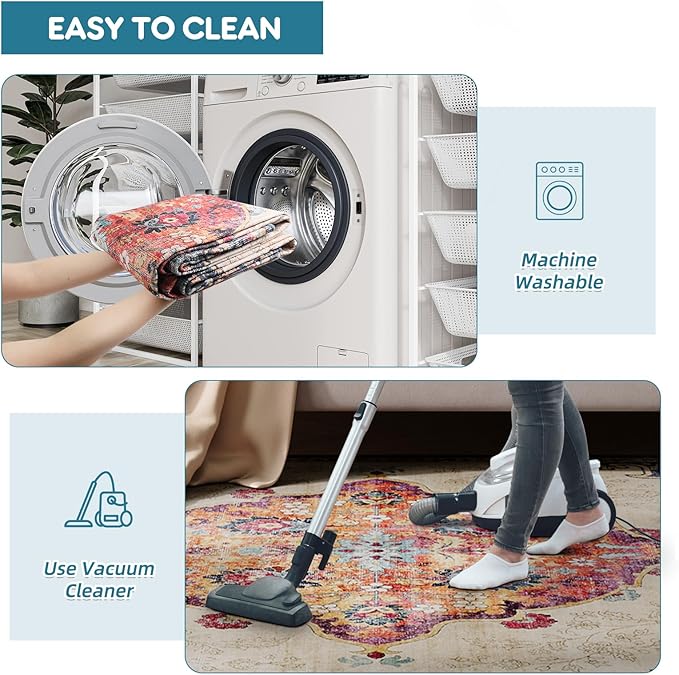 Dripex 3x5 Area Rugs, Machine Washable Non Slip Boho Rugs,Distressed Entryway Rug Doormat,No Pile Lightweight Vintage Rug, Smal Carpet Rug for Front Entrance,Office Bedroom,Multi