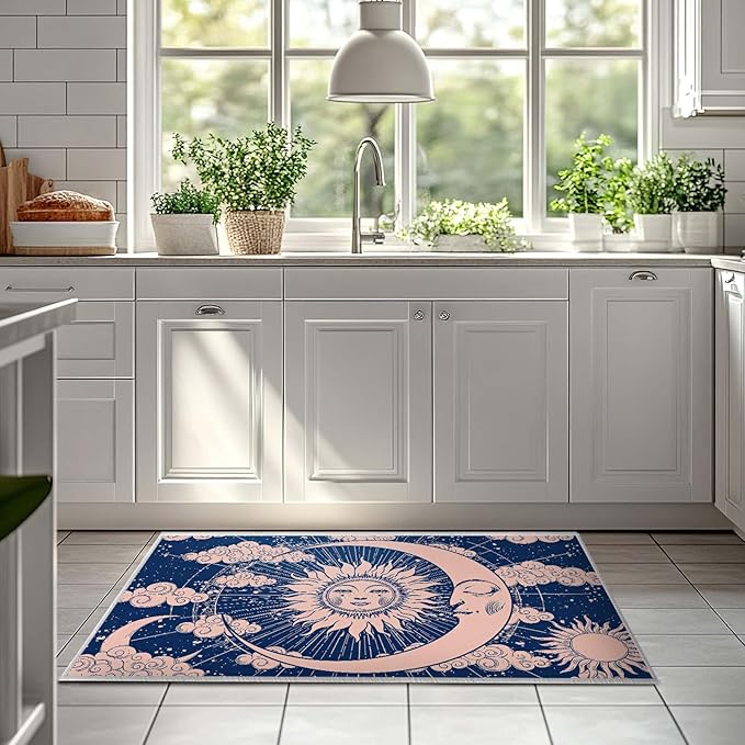 2x3 Entryway Rug Hippie Tarot Celestial Sun and Moon Navy Blue Area Rug Ultra-Thin Soft Small Carpet Bathroom Non Slip Indoor Entrance Low Pile Door Mat Kitchen Stain Resistant Washable Machine