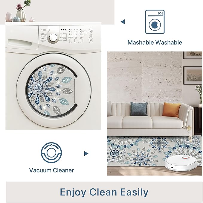 Bavni Kitchen Runner, Washable 2x12 Rugs Non Slip, Floral Thin Runners, Stain Resistant Carpet Runner for Bathroom, Bedroom, Hallway, Azure Blue/White