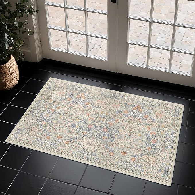 Washable Entry Rug - Front Door Rugs Indoor, Non-Slip Bathroom Small Rugs, Vintage Floral Style Rug for Kitchen, Perfect for Entryway Décor (2x3 Beige Blue)