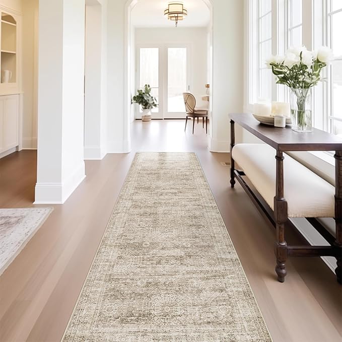 Runner Rug 2'6" x 10' Washable Non-Slip Runner Rugs for Kitchen Bathroom Laundry Room Vintage Ultra Thin Runners for Hallway Entryway Brown