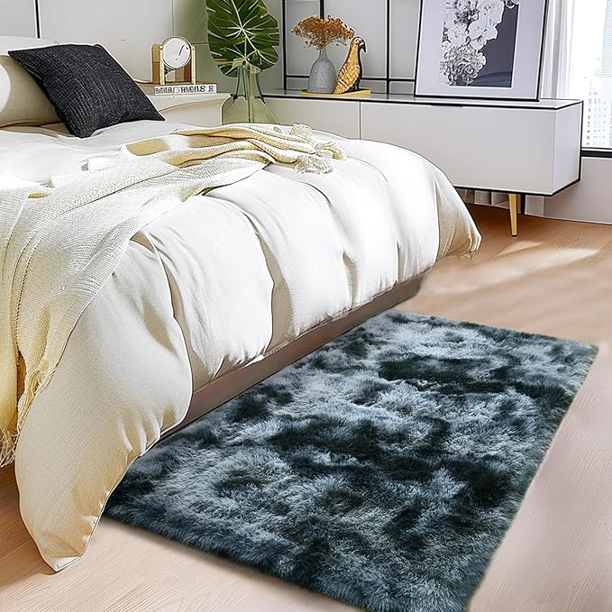 Anti-Skid Fuzzy Rug - Fluffy Non-Slip Shag Rug for Living Room & Nursery - Tie-Dyed Blue Grey Rectangle 2x3 Feet