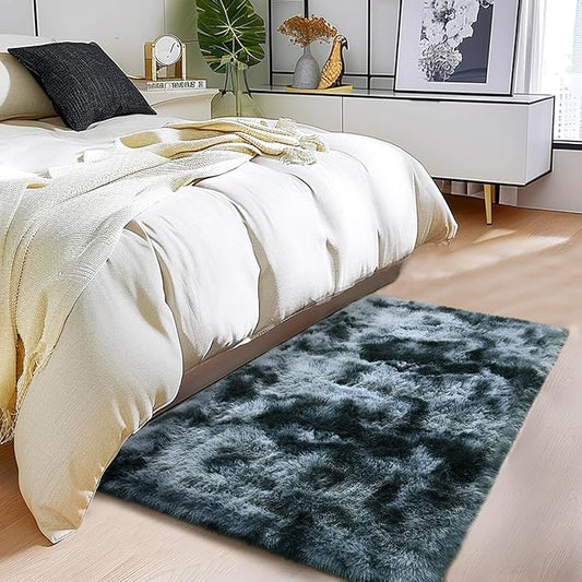 Anti-Skid Fuzzy Rug - Fluffy Non-Slip Shag Rug for Living Room & Nursery - Tie-Dyed Blue Grey Rectangle 2x3 Feet