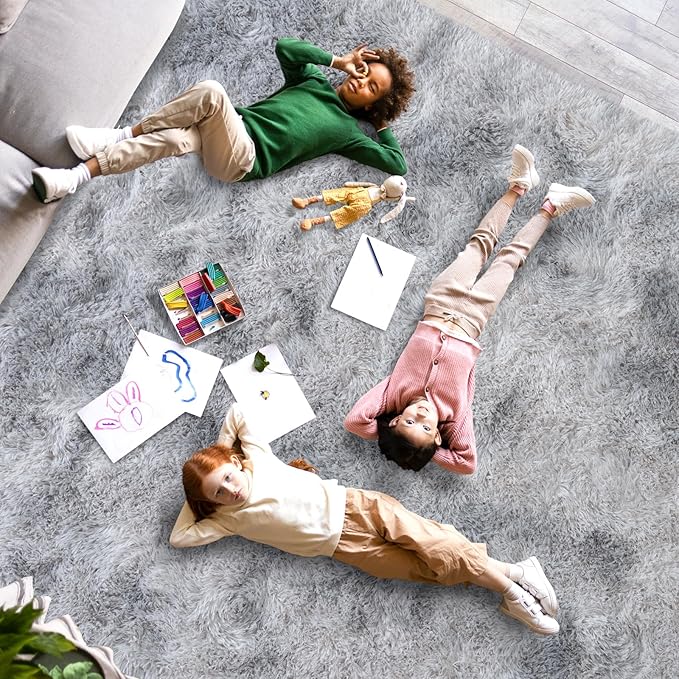 Large Area Rugs 9x12 Living Room, Tie-Dyed Plush Thick Carpets for Boy and Girls Room, Modern Soft Shag Rug for Bedroom, Non Slip, Indoor Carpet for Nursery Dorms Home Decor Aesthetic, Grey