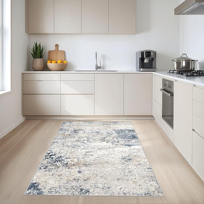 Washable Area Rug: 3x5 ft Abstract Small Rugs for Entryway Kitchen Living Room Bedroom - Non Slip Modern Neutral Carpet Indoor Front Door - Beige Blue