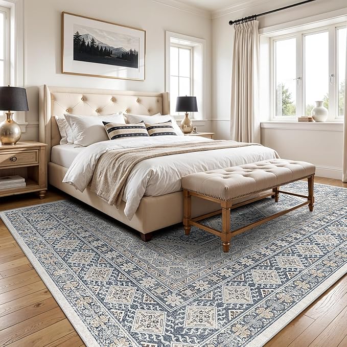 6x9 Area Rugs for Living Room:Washable Oriental Rug for Bedroom Dining Room Carpet 6 by 9 Indoor Non Slip Rubber Backing Neutral Nursery Dorm Home Office Kids 6X9 Blue