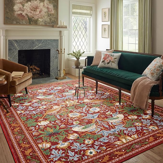 Strawberry Thief Area Rug Rust Red, Ultra Thin 8x10 Washable Carpet, Modern Abstract Art Living Room Rug, Boho Rustic Vintage Floral Botanical Large Rug for Bedroom Kitchen Dining Room Entryway