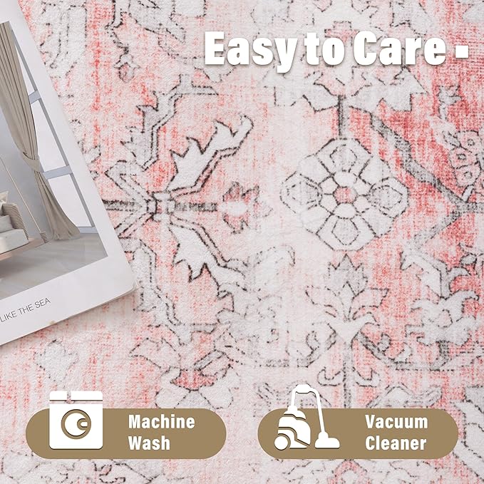 Carvapet Pink Rugs for Living Room Bedroom, Vintage Low Pile Large Carpet with Rubber Backing, Foldable, Non Slip Machine Washable (10 x 8 Feet Rectangular, Pink Area Rug)