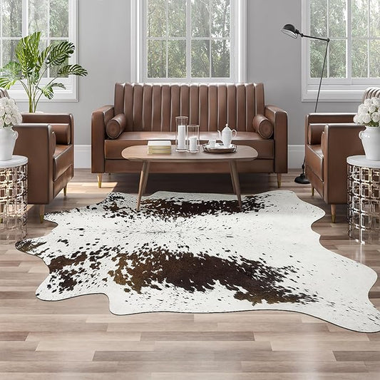 AROGAN Western Decor Faux Fur Cowhide Rug, 5.2 x 6.2 Feet Premium Animal Skin Cow Hide Rug, Sturdy Cow Print Rugs for Wall Decor, Western Floor Carpet for Bedroom Living Room，Speckle Pattern