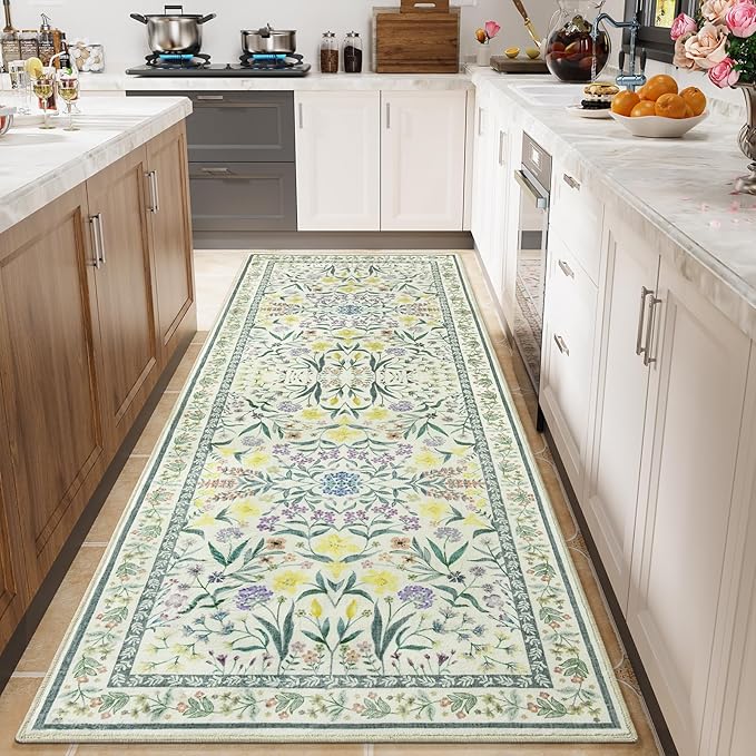 Amearea Green Runner Rugs for Hallway, 2x6 Feet Area Rugs for Bedroom Girls, Washable Floral Collection Bedside Rugs Low Pile Print Carpet, Kids Room Entrance Kitchen Living Room Decor