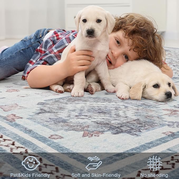 Maxsoft 6x9 Area Rug,Vintage Machine Washable Rugs for Living Room, Soft Non-Slip Low Pile Rug, Stain Resistant Rugs for Kitchen, Bedroom, Dining Room,Laundry Room,Nursery (Beige Blue)