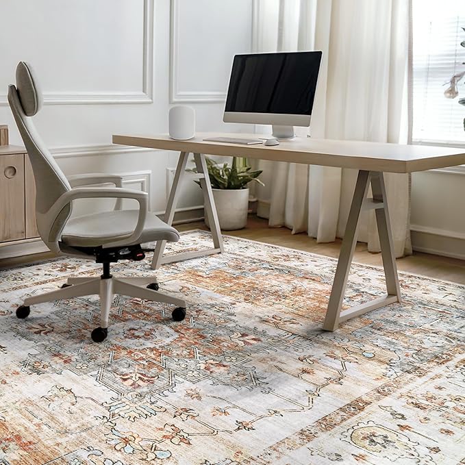 Area Rugs for Living Room 9x12 - Large Machine Washable Vintage Oriental Soft Rug, Low Pile Thin Carpet with Non Slip Backing for Bedroom, Dorm, Under Dining Room Table, Indoor House, Office Decor