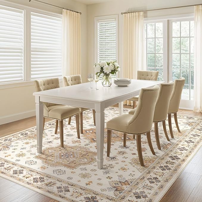 Washable Area Rugs for Living Room -9x12 Neutral Vintage Distressed Floral Farmhouse Boho Large Soft Floor Rug Indoor Non Slip Carpet for Living Room Bedroom Dining Room Office - Orange/Yellow/Beige