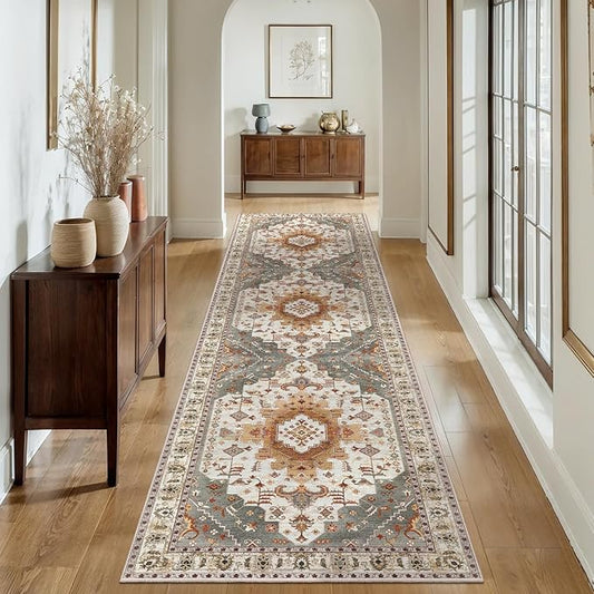 2.6x8 Washable Runner Rug for Hallways, Non Slip Vintage Runner, Soft Low Pile Long Rug Runner, Print Distressed Turmeric Carpet Runners for Kitchen Bedroom Entryway Bathroom Living Room