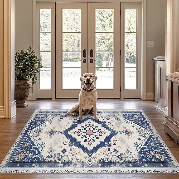 4x6 Rug Vintage Oriental Navy Blue Boho Beige Area Rug Bedroom Thin Low Pile Large Carpet Living Room Non Slip Dining Room Office Stain Resistant Washable Machine