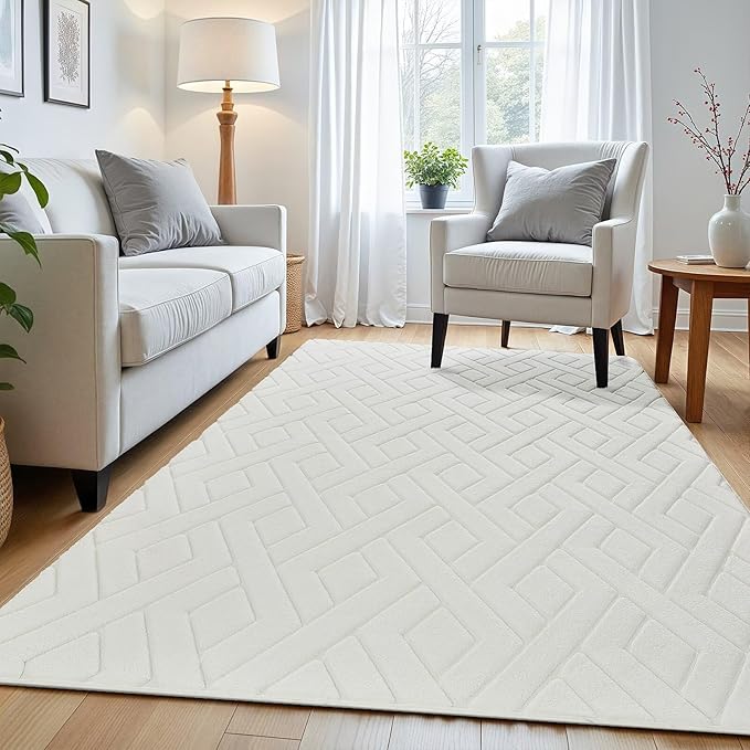 Ultra Soft Cream White Area Rug for Bedroom, 3x5 Modern Geometric Shag Rugs with Nonslip Backing for Living Room, Washable Fuzzy Carpet for Cozy Kids Room Nursery