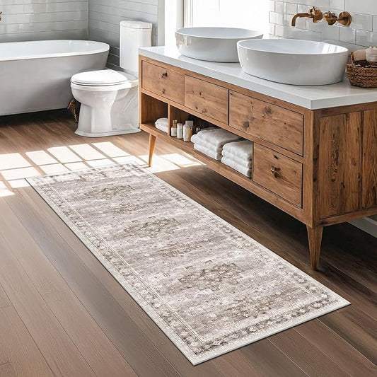 Boho Bathroom Rug 2x5 Runner, Neutral Farmhouse Kitchen Rugs, Small Throw Runners for Laundry Room Bedroom, Vintage Floral Décor, Non-Slip Low-Pile Washable Stain Resistant Beige Latte