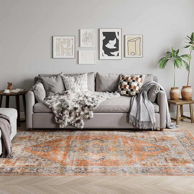 Dripex 6x9 Area Rugs, Machine Washable Non Slip Distressed Boho Rugs, Area Rug for Living Room, No Pile Lightweight Vintage Rug, Soft Accent Carpet for Dining Room,Bedroom,Orange