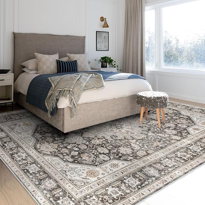 Washable Area Rug - 8x10 Bedroom Living Room Large Indoor Rugs Soft Oriental Vintage Rugs Non-Slip Backing Stain Resistant for Farmhouse Kitchen (8x10 Black/Ivory)