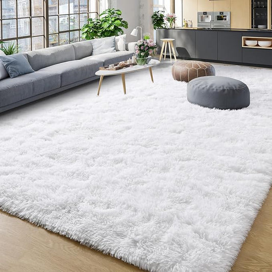 YJ.GWL Area Rug for Living Room Bedroom, 8x10 Washable Large White Carpet, Soft Fluffy Shaggy Thick Big Shag Indoor Floor Rug for Kids Boy and Girls Room Dorm Home Decor Aesthetic