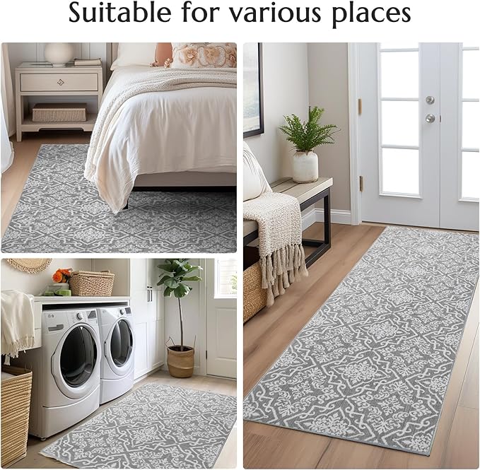 jinchan Boho Runner Rug 2x5 Moroccan Washable Rug Hallway Indoor Floor Accent Carpet Floral Tile Print Mat Soft Thin Runner Non Slip Carpet for Kitchen Bedroom Bathroom Laundry Room Decor Grey