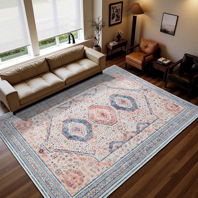 Maxsoft 8x10 Area Rug,Vintage Machine Washable Rugs for Living Room, Soft Non-Slip Low Pile Rug, Stain Resistant Rugs for Kitchen, Bedroom, Dining Room,Laundry Room,Nursery (Light Orange)