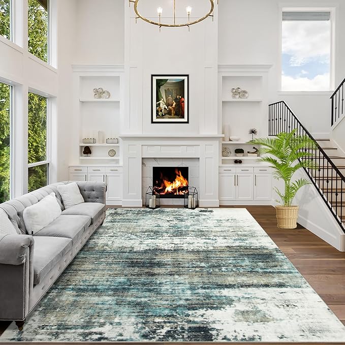5x7 Area Rugs Washable Rug: Modern Abstract Living Room Rug Soft Anti-Skid Thin Carpet Indoor Floor Non-Shedding Carpets for Bedroom Dining Room Farmhouse Nursery Home Office - Green Multi