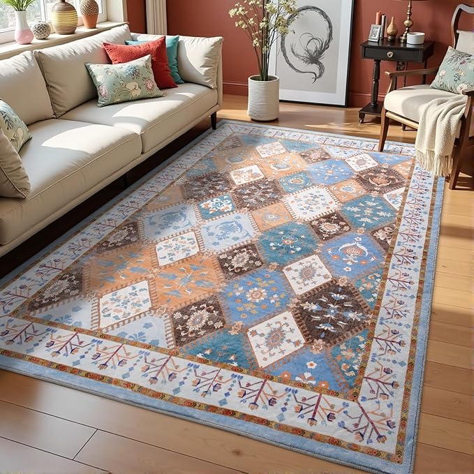 4x6 Washable Area Rug for Bedroom, Blue Boho Non-Slip Living Room Rugs, Moroccan Floral Trellis Carpet Soft Low Pile Accent Indoor Mat for Bedside Kitchen Laundry Room