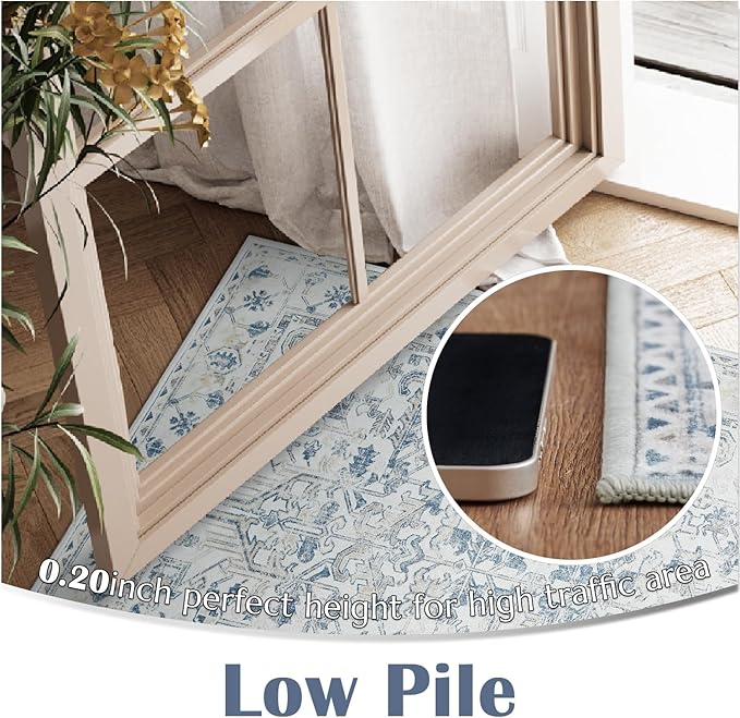 jinchan Hallway Runner Rug 3x10 Washable - Vintage Floral Non Slip Low-Pile Soft Ultra-Thin Faux Wool Kitchen Rug Distressed Carpet Runner for Farmhouse Bedroom Laundry (3x10ft,Blue)