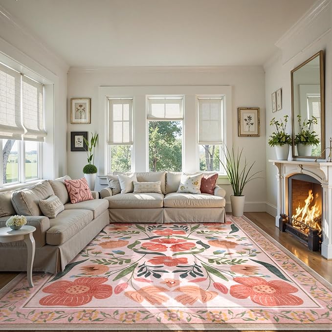 Beeiva Floral Washable Beige Rugs, 8x10 Area Rugs for Living Room with Low Pile, Non Slip Non-Shedding Carpet for Dorm Nursery Kids Room (Beige,8'x10)