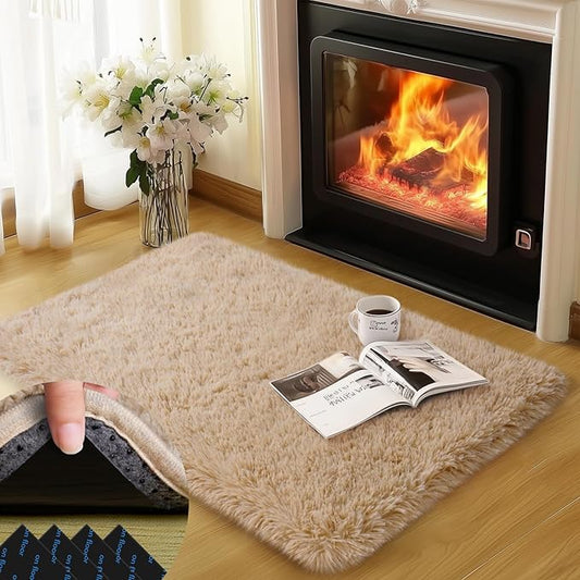 2x3 Rug for Bedroom, Fluffy Area Rugs for Living Room, Small Soft Shag Fuzzy Shaggy Carpets for Kids Boys and Girls Dorm with 4 Non-Slip Rug Tapes for Room Home Decor (2ft x 3ft, Light Tan)