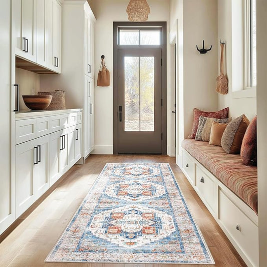 Washable 2x8 Area Rugs, Rugs for Living Room, Low-Pile Water&Stain Resistant Carpet Vintage Distressed Printed Non-Slip Carpet for Bedroom Bathroom Kitchen-Blue