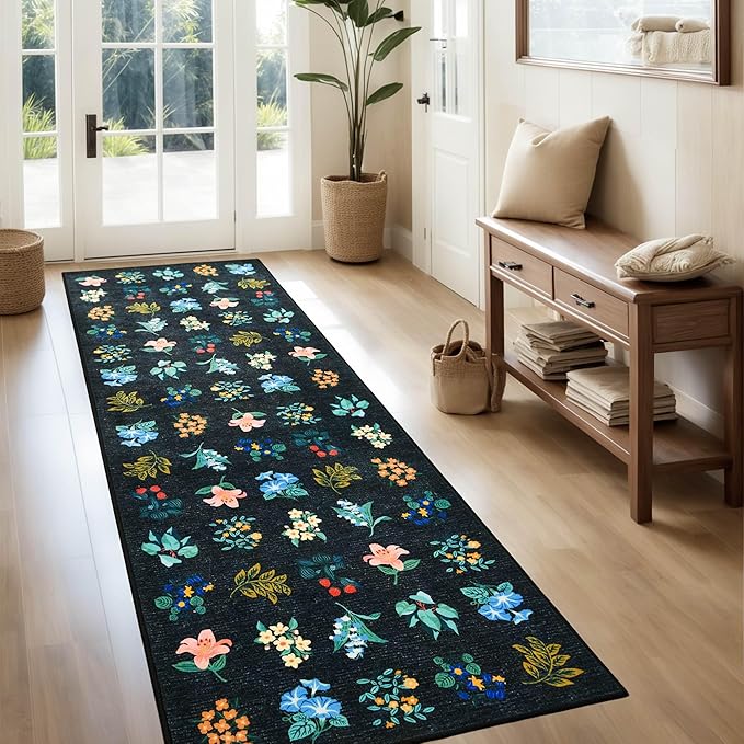 2x6 Floral Runner Rug Soft Non-Slip Machine Washable Kitchen Rug Runners for Hallway Bedroom Laundry Entrance Indoor Carpet, Flower Accent Throw for Girls Room, Navy Blue