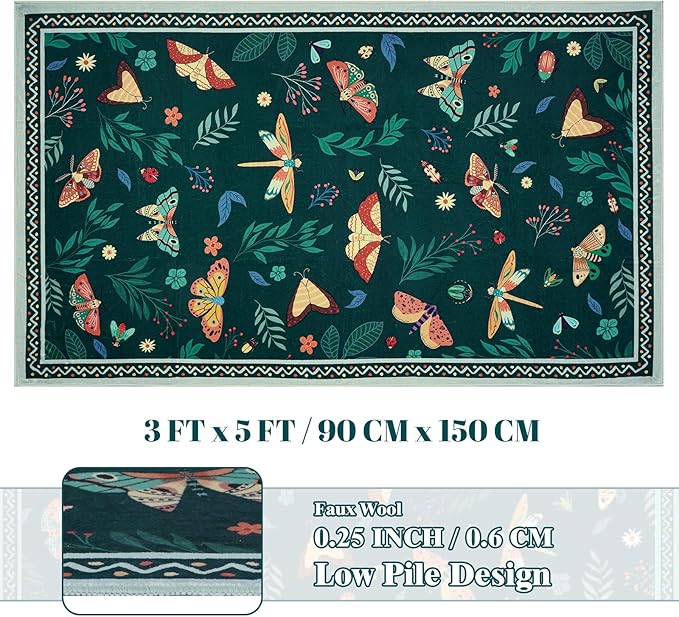 ASPMIZ Insect Area Rug 3X5, Dark Green Bedroom Rug Non Slip, Spring Summer Washable Rug Farmhouse Butterfly Living Room Rugs Low Pile, Soft Faux Wool Throw Carpet for Entryway, Nursery, Dark Green