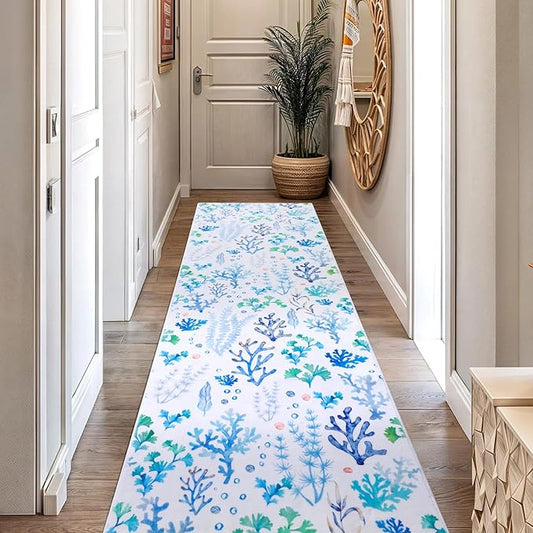 Carvapet Rugs for Hallway Laundry Bedroom, Modern Floral Low Pile Long Carpet with Rubber Backing, Foldable, Non Slip Machine Washable (10 x 3 Feet Rectangular, Blue Coral Runner Rug)
