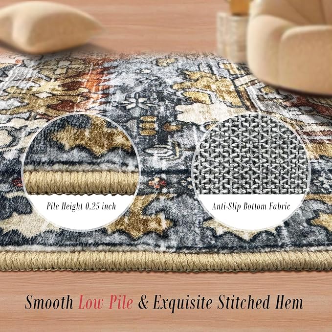 Washable Area Rugs - Perfect for Living Room, Bedroom, Kids Room, Nursery - Stain & Water Resistant Non-Slip, Pet & Child Friendly, Vintage Tribal Area Rugs (Turmeric and Grey, 5' x 7')
